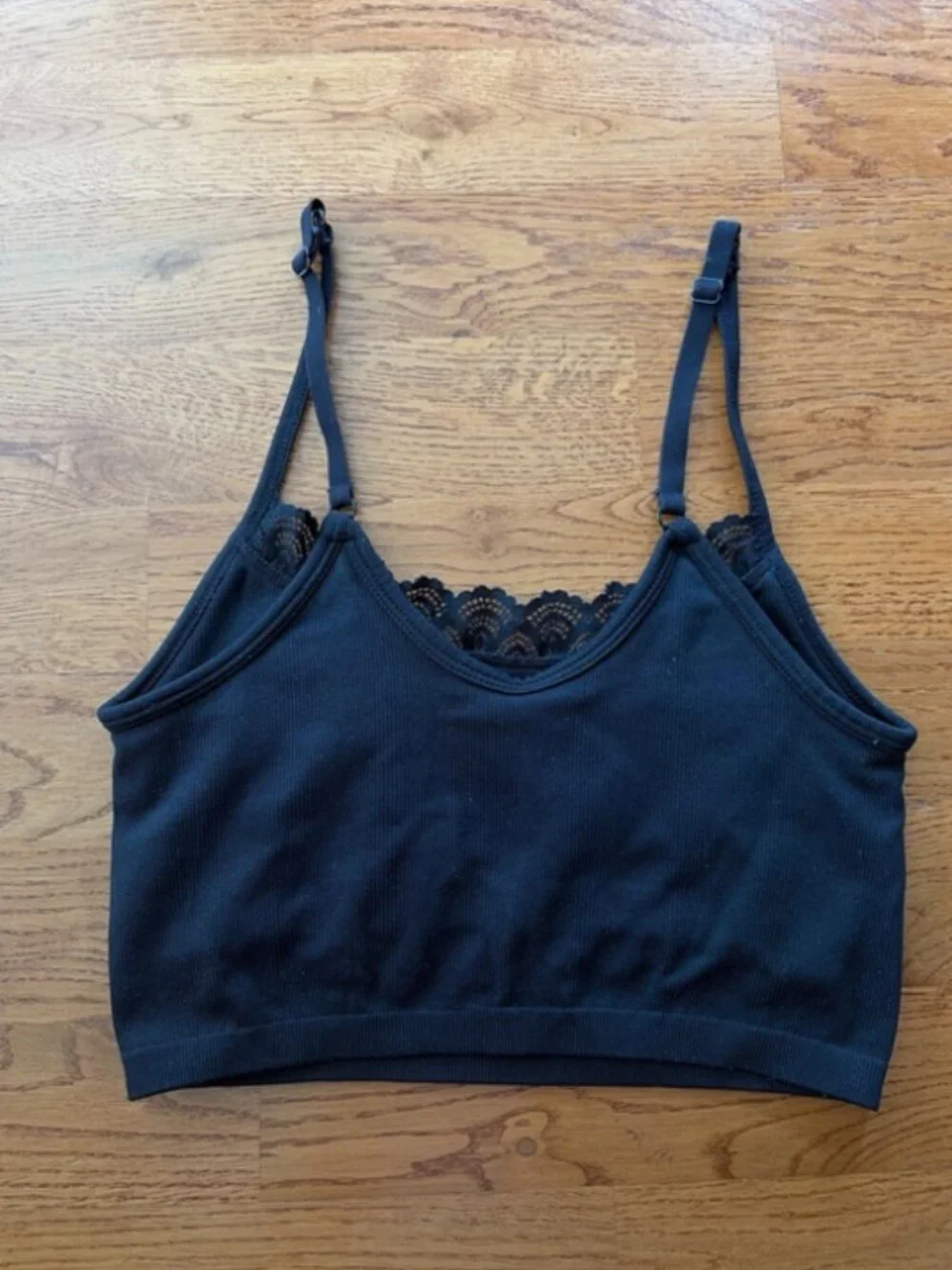Aerie Bra Top Black Crop Ribbed Seamless Lace Trim Longline Real Me S Chill Cami